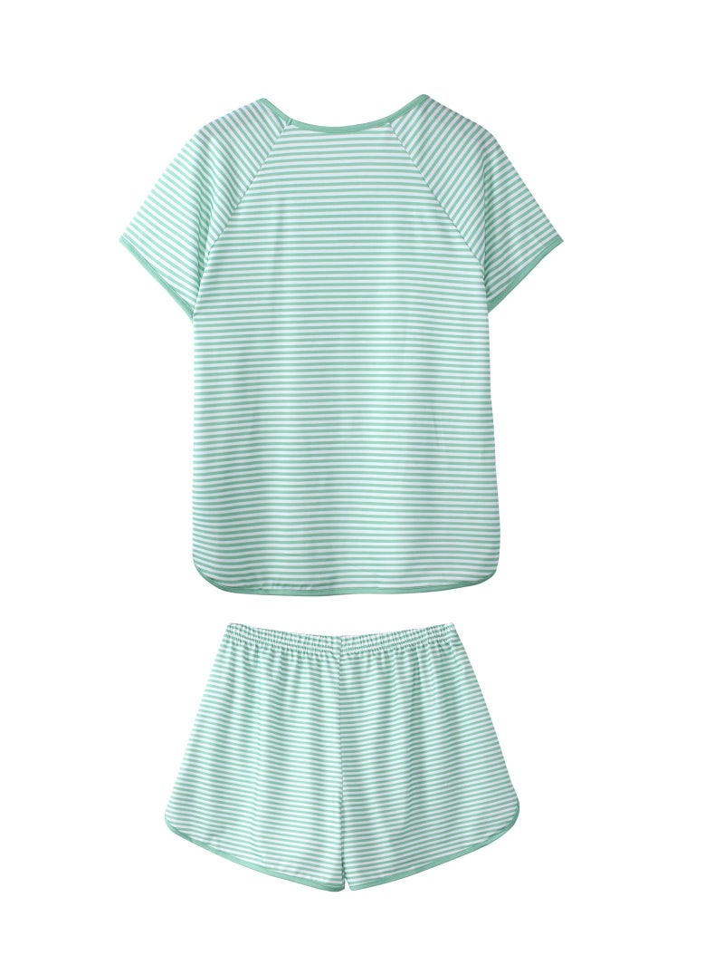 Hilinker Women Striped Pajama Set Short Sleeve Top with Shorts Sleepwear 2 Piece Lounge Sets Green White Stripe Small - Image 4
