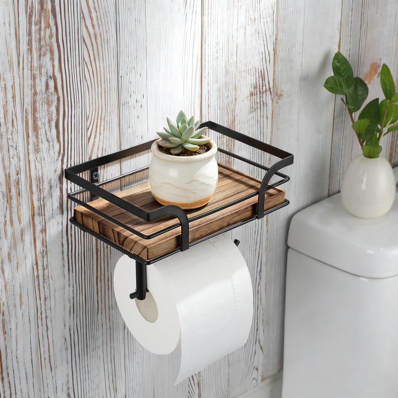 AIDILI Farmhouse Toilet Paper Holder with Shelf, Bathroom Washroom Country Decor Toilet Tissue Paper Roll Holder for Cell Phone&Wipes&Reading (Adhesive & Screw-in Wall Mount) - Image 5