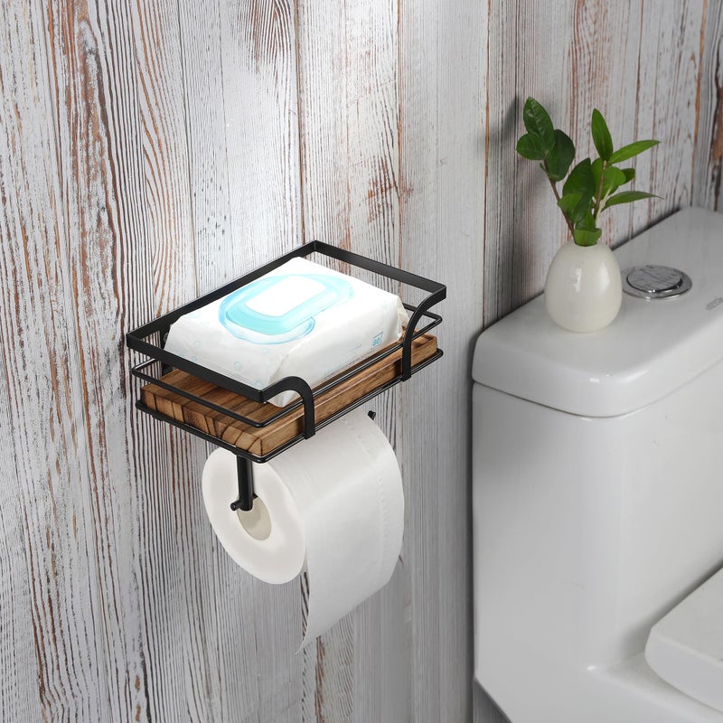 AIDILI Farmhouse Toilet Paper Holder with Shelf, Bathroom Washroom Country Decor Toilet Tissue Paper Roll Holder for Cell Phone&Wipes&Reading (Adhesive & Screw-in Wall Mount) - Image 4