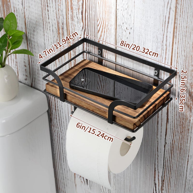 AIDILI Farmhouse Toilet Paper Holder with Shelf, Bathroom Washroom Country Decor Toilet Tissue Paper Roll Holder for Cell Phone&Wipes&Reading (Adhesive & Screw-in Wall Mount) - Image 2