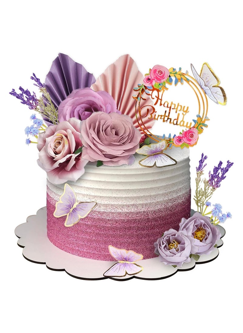 كاست ويف 17 قطعة زهرة كعكة الأعلى فراشة تزيين كعكة عيد ميلاد سعيد قمم كعكة اصطناعية الأرجواني والورود الكافور لحفلة عيد ميلاد الزفاف بيبي منتجات الاستحمام ( الأرجواني )  - Image 1