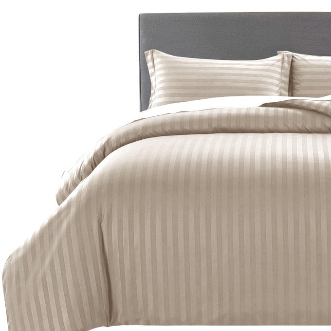 SINGLE DUVET COVER SET REVERSIBLE STRIPES SATIN BEDDING SET WITH PILLOWCASE SOFT HYPOALLERGENIC DUVET COVERS BEIGE 135X200 CM