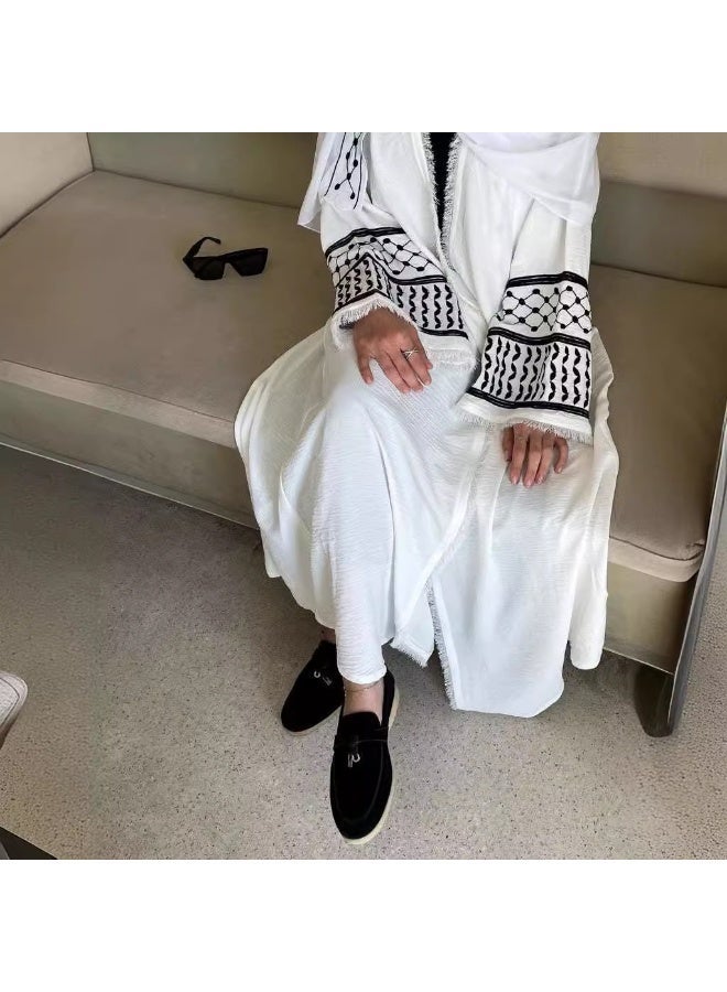 Women Open Abaya Outerwear Geometric Rhombus Print Flared Sleeve Loose Long Cardigan - Image 1