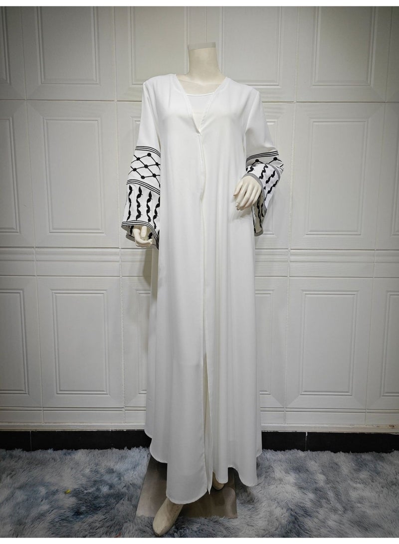 Women Open Abaya Outerwear Geometric Rhombus Print Flared Sleeve Loose Long Cardigan - Image 2