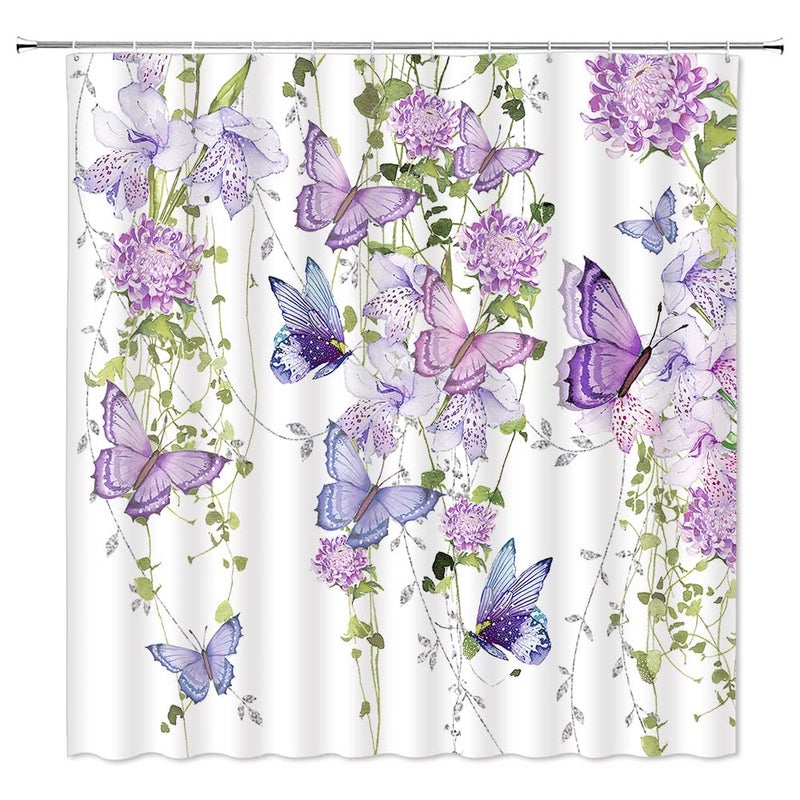 EVRCVAR Flower Butterfly Shower Curtain Purple Floral Watercolor Butterflies Fantasy Lilac Spring Nature Garden Plant Girls Bathroom Decor Fabric Home with Hooks70 WX70 H