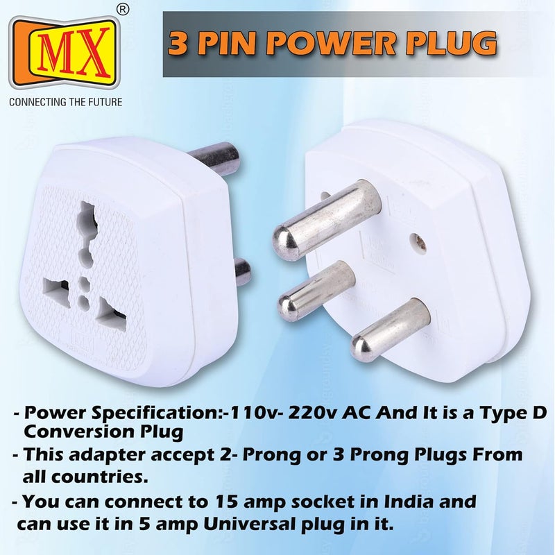 MX 3 PIN TypeD Universal Socket PlugWorldwide Travel Adaptor Multi Plug Conversion Plug Socket Connector Converts 15 Amps to 5 Amps PC Moulded Pack of 10 - Image 2
