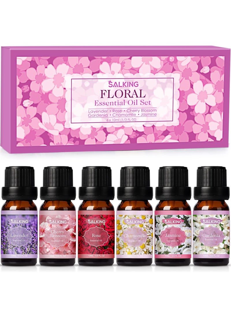 salking SALKING Floral Essential Oils Set, Premium Pure and Natural Essential Oils, Fragrance Oil Scented Oils for Oil Diffusers 6 x 10 ML - Lavender, Rose, Jasmine, Cherry Blossom, Gardenia, Chamomile 