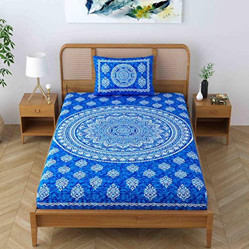 Colorish 120 TC Cotton Blend Mandala Printed Jaipuri Bedsheet for Single Bed with 1 Pillow Cover, Blue - Image 4