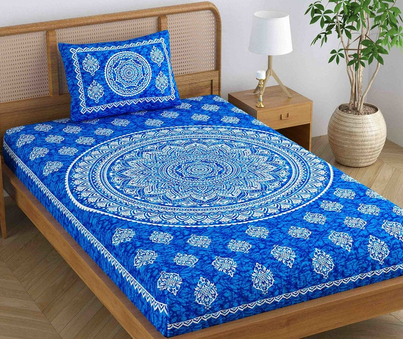Colorish 120 TC Cotton Blend Mandala Printed Jaipuri Bedsheet for Single Bed with 1 Pillow Cover, Blue - Image 1