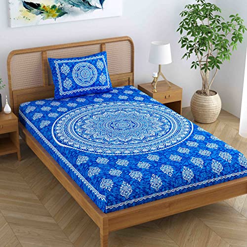 Colorish 120 TC Cotton Blend Mandala Printed Jaipuri Bedsheet for Single Bed with 1 Pillow Cover, Blue - Image 3