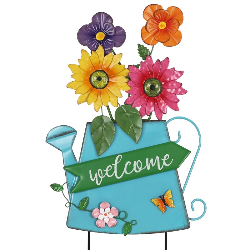 YEAHOME Garden Decor for Outside, 24.4â€œ Decorative Garden Stakes Metal Watering Can with 4 Flowers for Spring Decor, Welcome Yard Signs for Outdoor Lawn Backyard Patio Porch Pathway Decorations - Image 1
