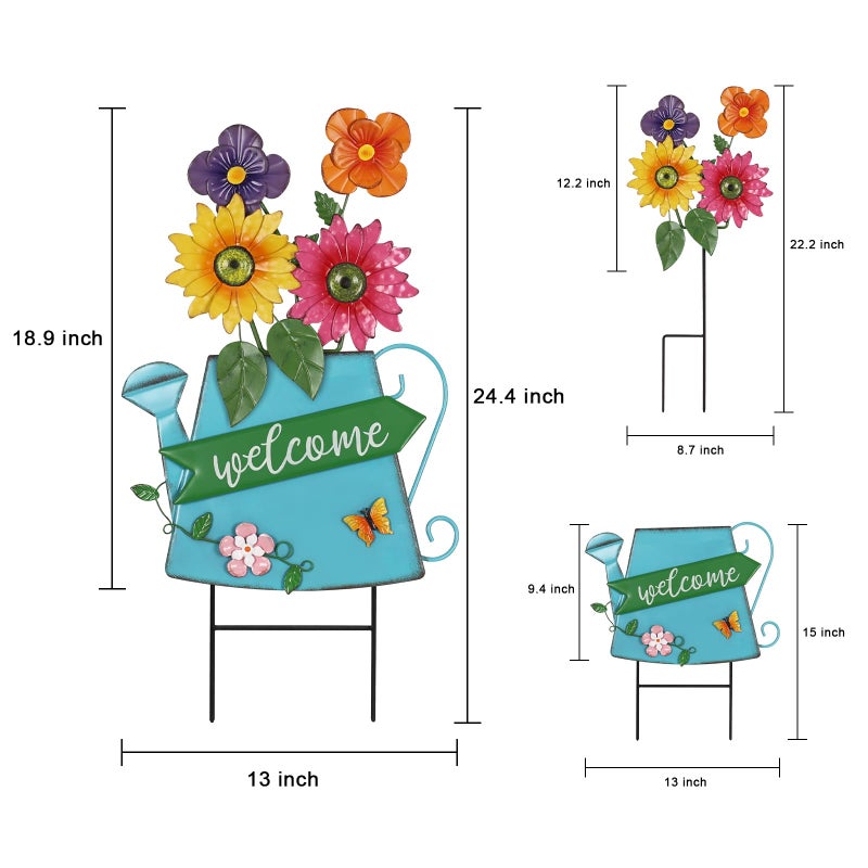 YEAHOME Garden Decor for Outside, 24.4â€œ Decorative Garden Stakes Metal Watering Can with 4 Flowers for Spring Decor, Welcome Yard Signs for Outdoor Lawn Backyard Patio Porch Pathway Decorations - Image 3