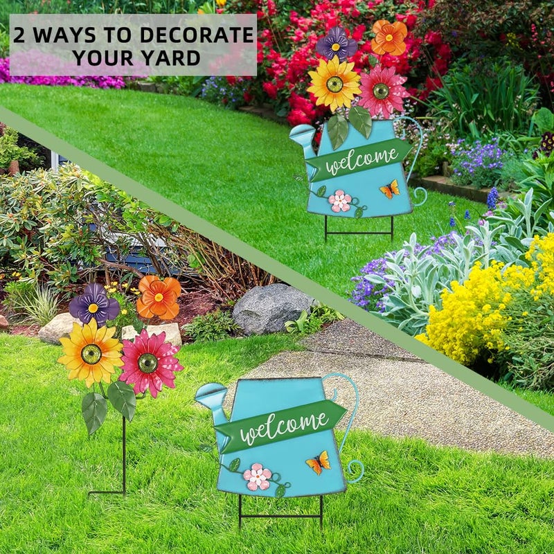 YEAHOME Garden Decor for Outside, 24.4â€œ Decorative Garden Stakes Metal Watering Can with 4 Flowers for Spring Decor, Welcome Yard Signs for Outdoor Lawn Backyard Patio Porch Pathway Decorations - Image 2