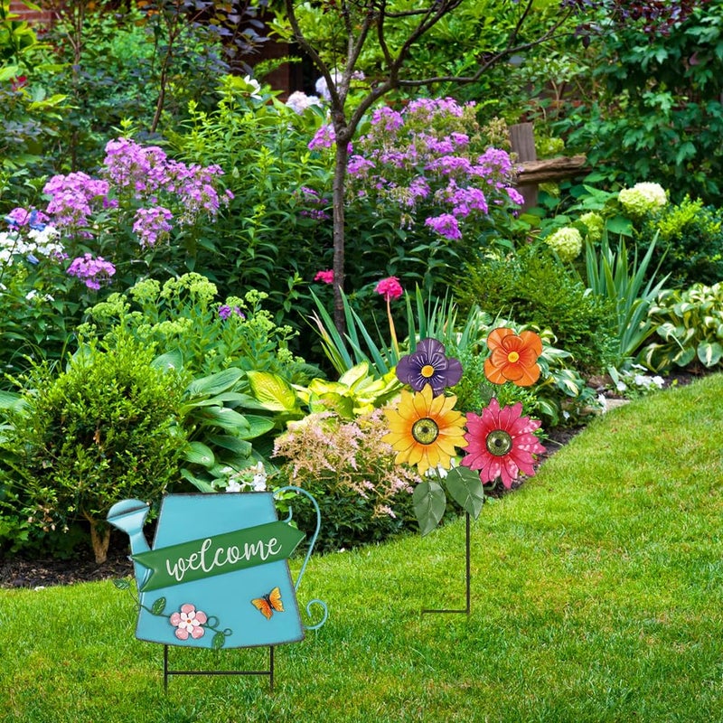 YEAHOME Garden Decor for Outside, 24.4â€œ Decorative Garden Stakes Metal Watering Can with 4 Flowers for Spring Decor, Welcome Yard Signs for Outdoor Lawn Backyard Patio Porch Pathway Decorations - Image 5