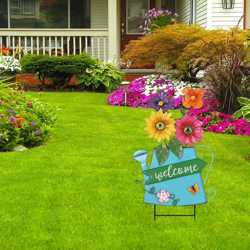 YEAHOME Garden Decor for Outside, 24.4â€œ Decorative Garden Stakes Metal Watering Can with 4 Flowers for Spring Decor, Welcome Yard Signs for Outdoor Lawn Backyard Patio Porch Pathway Decorations - Image 4