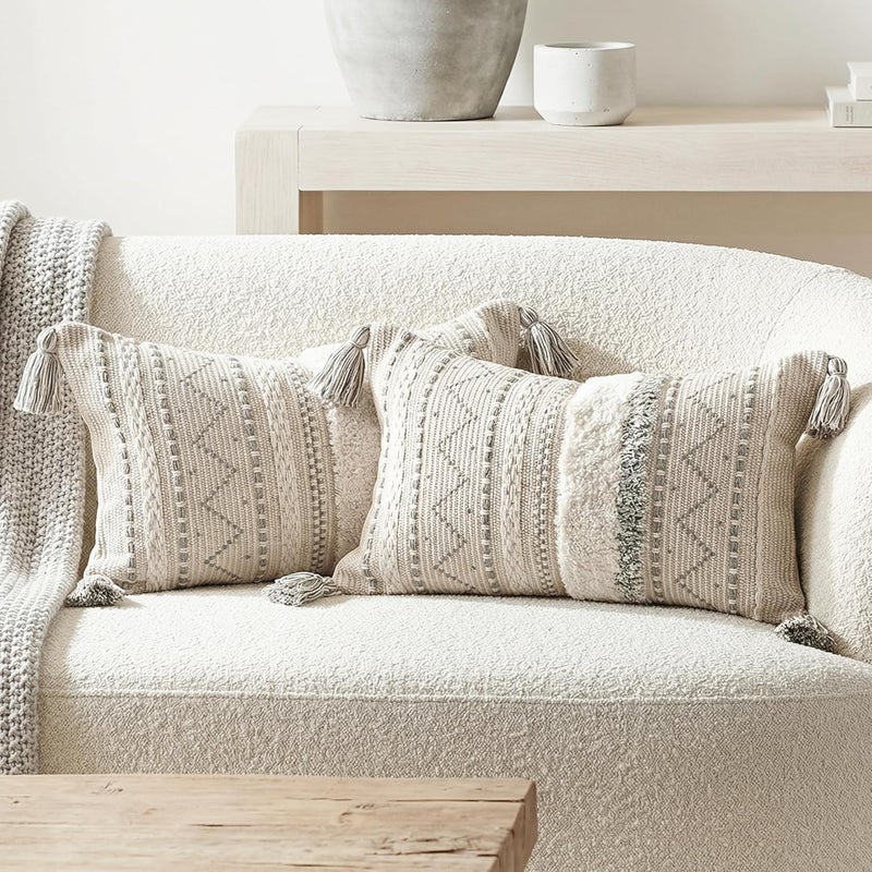BlissBlush Decorative Lumbar Throw Pillow Cover 12x20 Combo Set of 2 Gray Rectangular Boho Accent Pillowcase Neutral White Farmhouse Cushion for Couch Sofa Bedroom Living Home Décor Cover ONLY - Image 1