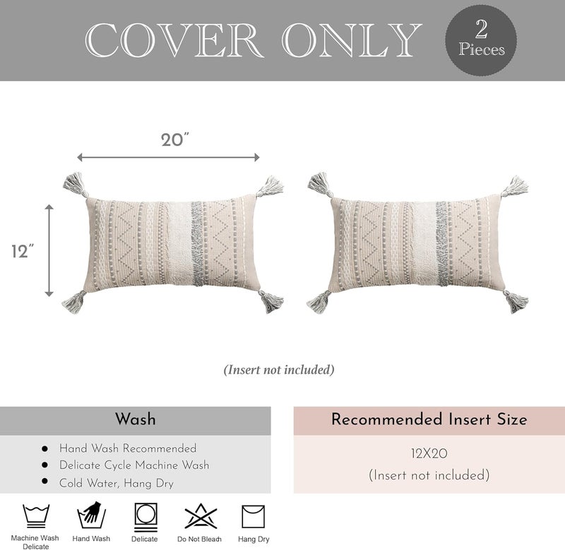 BlissBlush Decorative Lumbar Throw Pillow Cover 12x20 Combo Set of 2 Gray Rectangular Boho Accent Pillowcase Neutral White Farmhouse Cushion for Couch Sofa Bedroom Living Home Décor Cover ONLY - Image 5