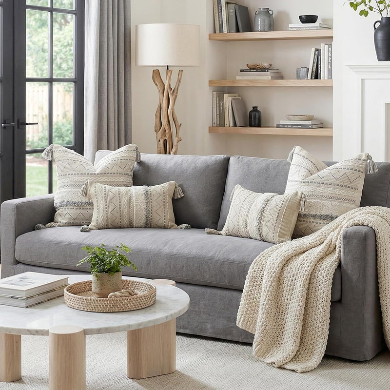 BlissBlush Decorative Lumbar Throw Pillow Cover 12x20 Combo Set of 2 Gray Rectangular Boho Accent Pillowcase Neutral White Farmhouse Cushion for Couch Sofa Bedroom Living Home Décor Cover ONLY - Image 3