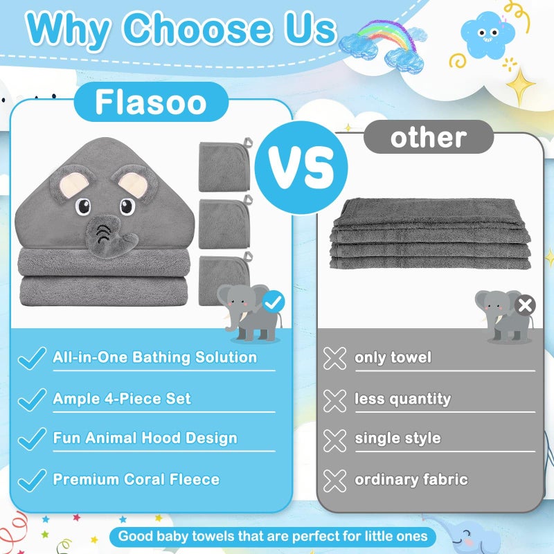 Flasoo 4 Pcs Baby Towels and Washcloths Set, 1 Pcs Animal Hooded Baby Towels & 3 Pcs Baby Washcloths for Newborns, Toddlers, and Kids, Soft Absorbent Hooded Bath Towel for Boys & Girls (Gray Elephant) - Image 2