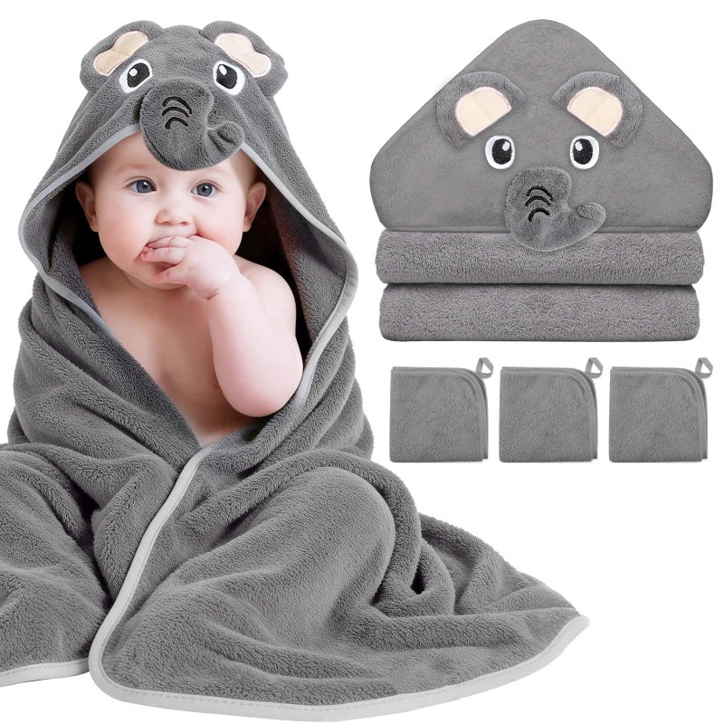 Flasoo 4 Pcs Baby Towels and Washcloths Set, 1 Pcs Animal Hooded Baby Towels & 3 Pcs Baby Washcloths for Newborns, Toddlers, and Kids, Soft Absorbent Hooded Bath Towel for Boys & Girls (Gray Elephant) - Image 1