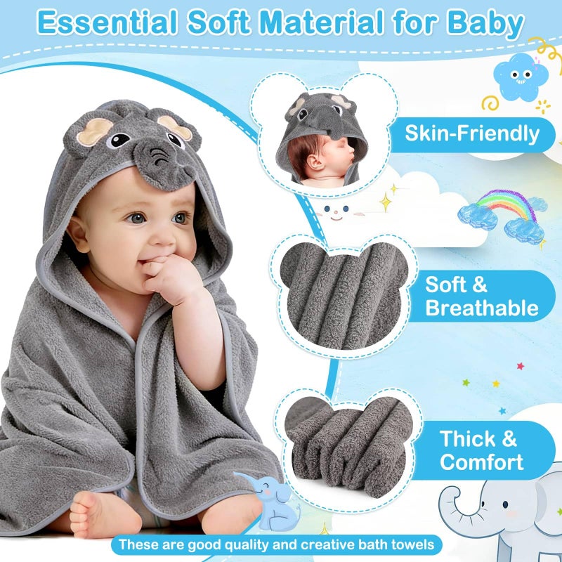 Flasoo 4 Pcs Baby Towels and Washcloths Set, 1 Pcs Animal Hooded Baby Towels & 3 Pcs Baby Washcloths for Newborns, Toddlers, and Kids, Soft Absorbent Hooded Bath Towel for Boys & Girls (Gray Elephant) - Image 4
