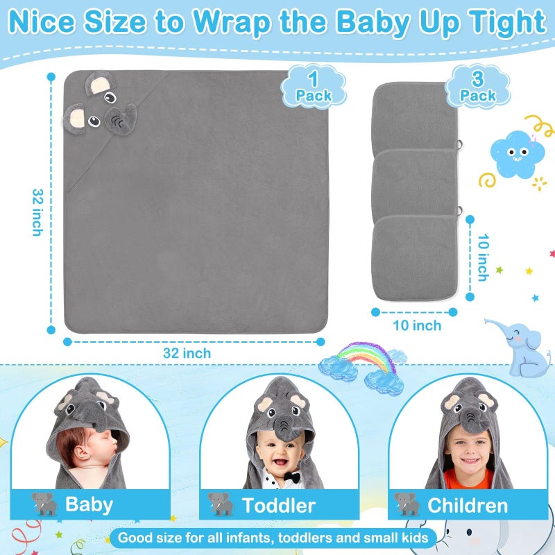 Flasoo 4 Pcs Baby Towels and Washcloths Set, 1 Pcs Animal Hooded Baby Towels & 3 Pcs Baby Washcloths for Newborns, Toddlers, and Kids, Soft Absorbent Hooded Bath Towel for Boys & Girls (Gray Elephant) - Image 3