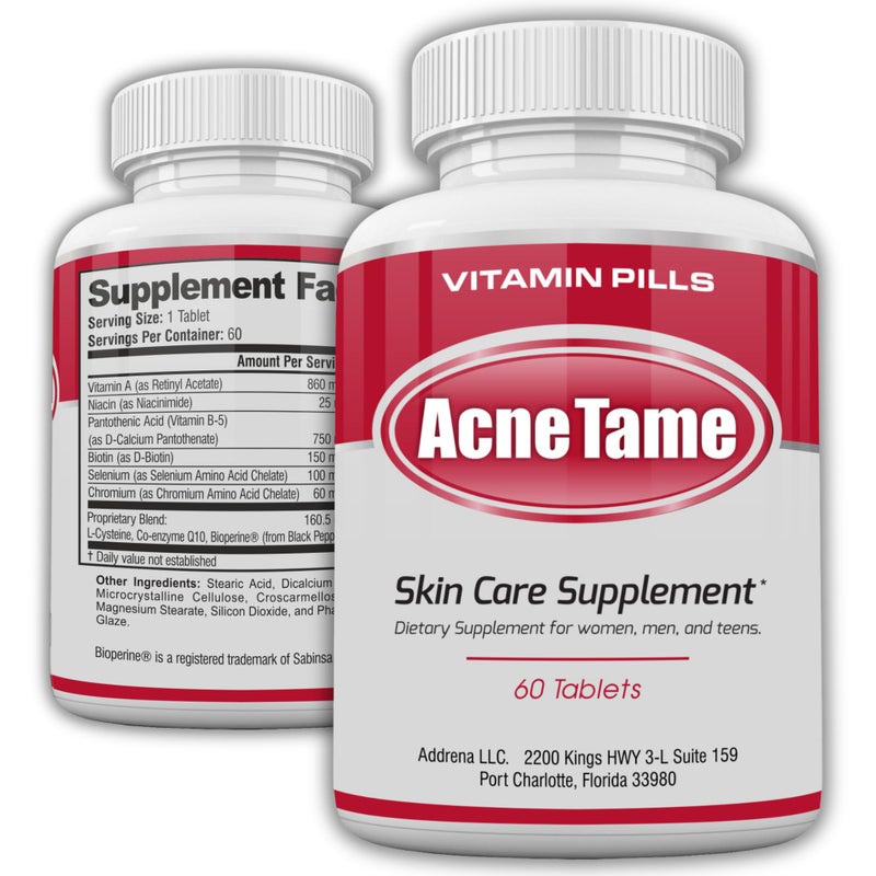 Acnetame Acne Pills- Acne Tame Supplement- Clear Skin Vitamins Pill for Oily Skin Treatment, Hormonal Blemishes, Anti Spots & Cystic Acnes Supplements for Women, Men, Teens & Adults- 60 Oral Tablets - Image 1