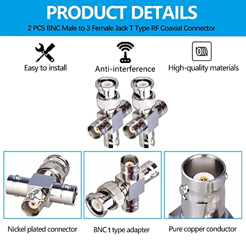 TUOLNK 2 Pack BNC Male to 3 Female Jack T Type RF Coaxial Connector 4 Way Splitter Coax Adapter for Broadcast/Extension Cable BNC Tee Connectors T-Shaped - Image 2