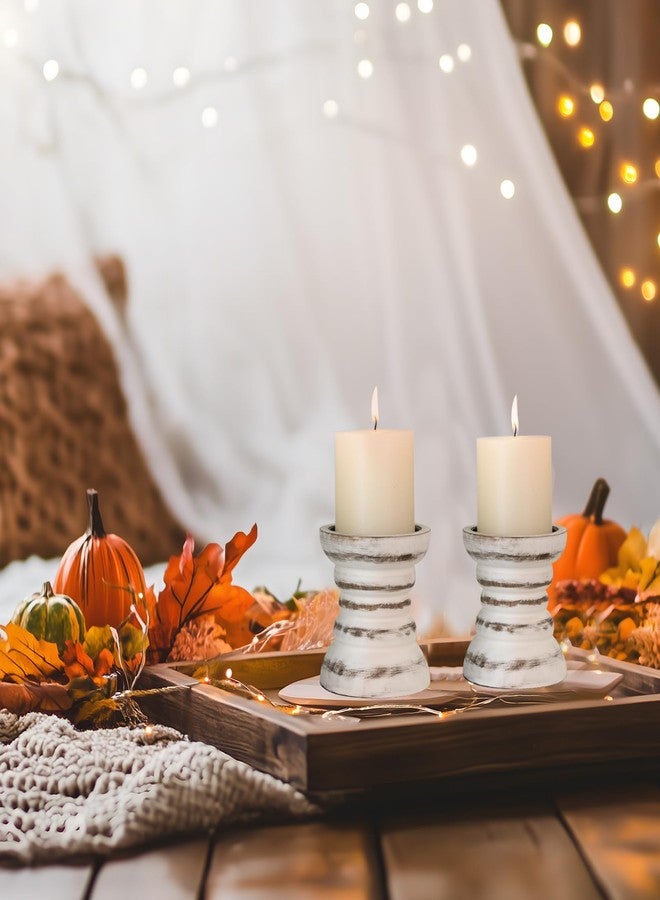 CEDARLUX Candle Holder for Pillar Candle Set of 2, Farmhouse Wood Candle Holder, Rustic Wooden Candle Stand, Vintage Small Wooden Candlestick Holders for Living Room, Table Centerpiece, Rustic White - Image 5