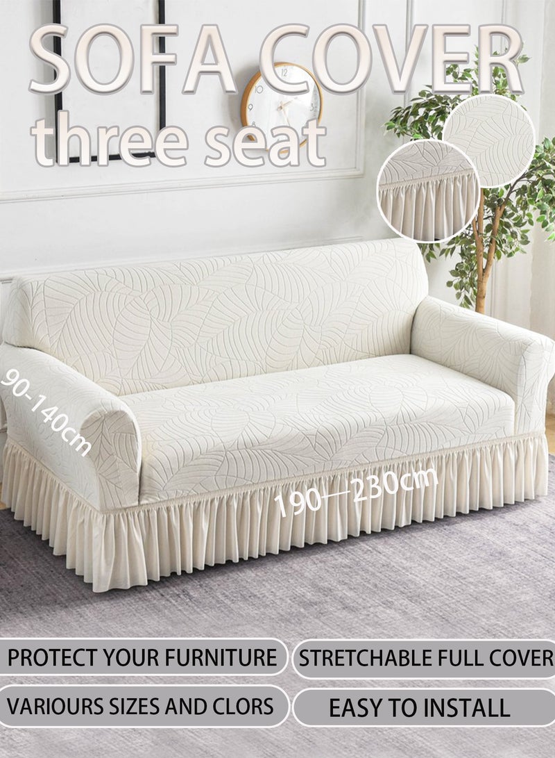 Arabest sofa cover 3 seater leaf pattern sofa cover super elastic waterproof and wrinkle resistant full wrap Couch Slipcover with skirt exquisite and delicate non-slip flexible jacquard Sofa Slipcover Cream 190-230CM - Image 1