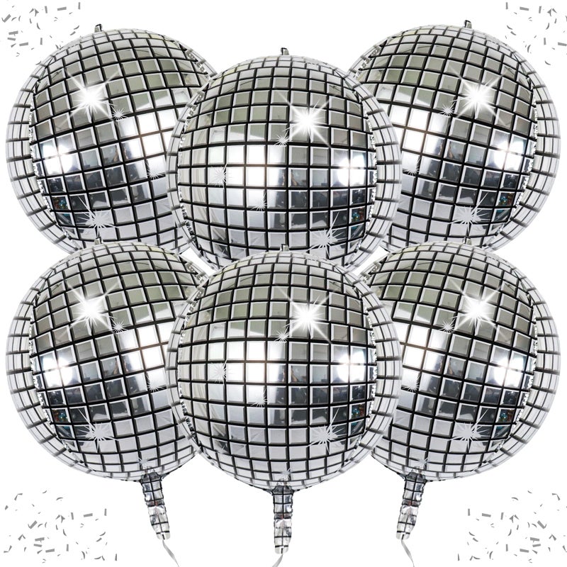 Laackys 6-Pack 22 Inch Silver 4D Disco Ball Balloons - Decorations for 90s Dancing Queen Party - Image 1