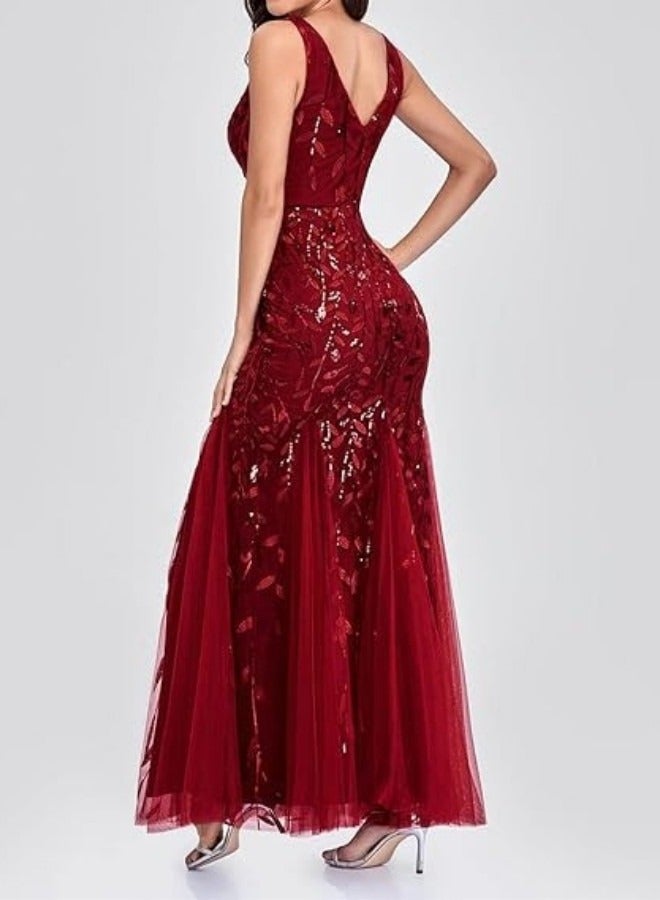 GEXUAN Burgundy Sequin Mermaid Evening Dress - V-Neck, Sleeveless, Tulle Hem - Image 4