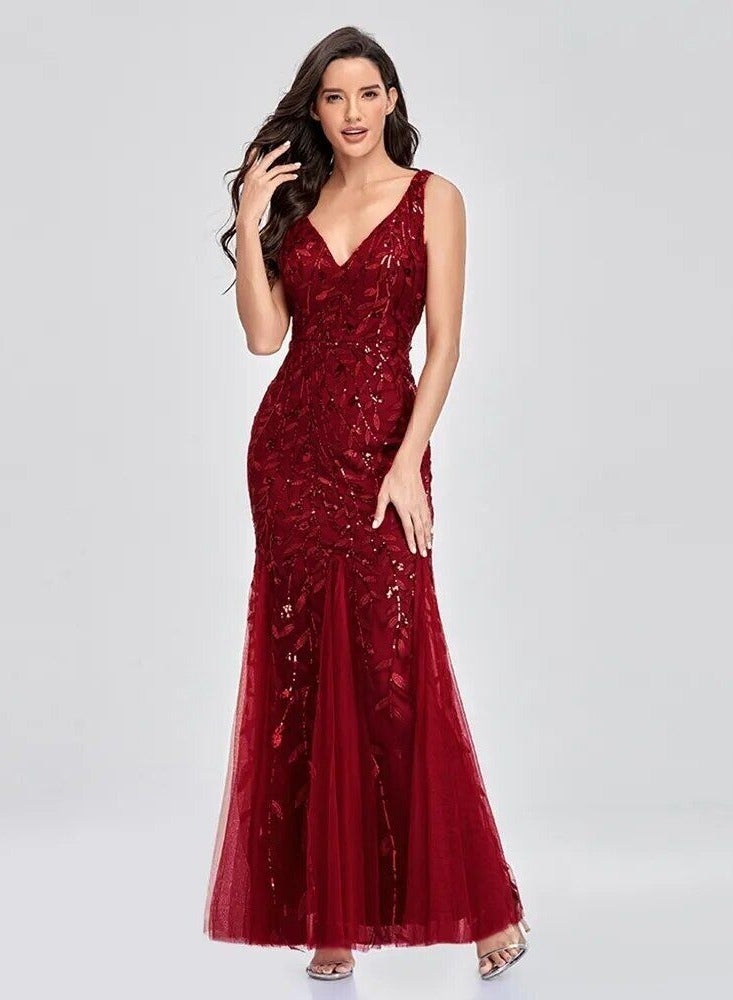 GEXUAN Burgundy Sequin Mermaid Evening Dress - V-Neck, Sleeveless, Tulle Hem - Image 1