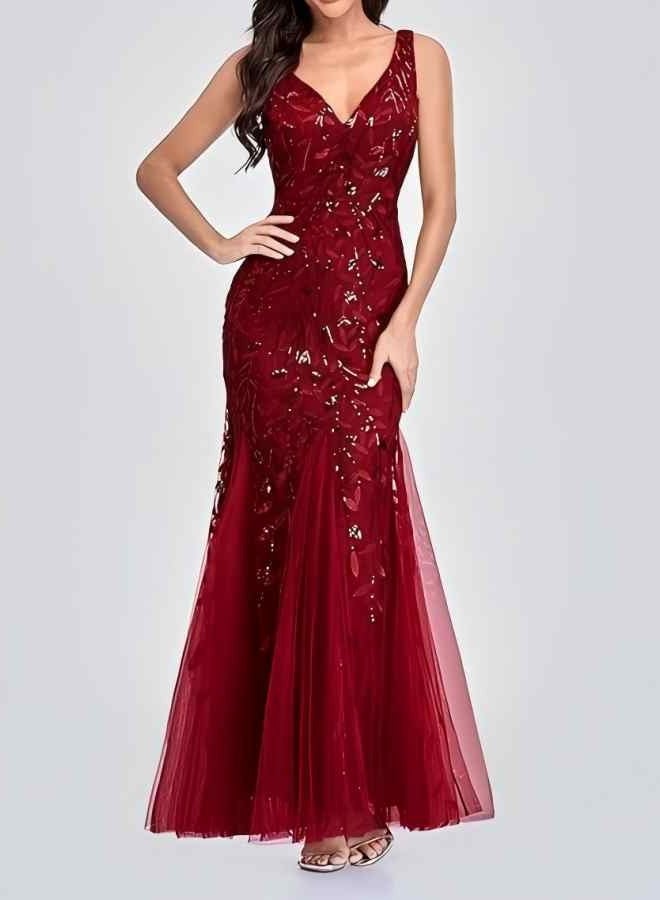GEXUAN Burgundy Sequin Mermaid Evening Dress - V-Neck, Sleeveless, Tulle Hem - Image 3