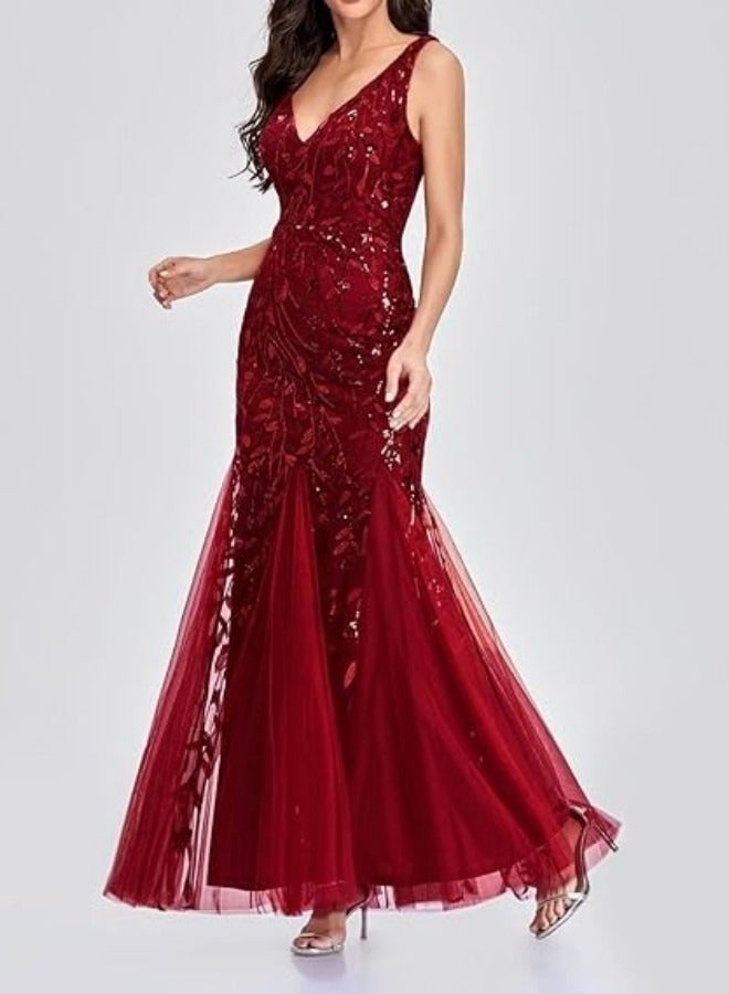 GEXUAN Burgundy Sequin Mermaid Evening Dress - V-Neck, Sleeveless, Tulle Hem - Image 2