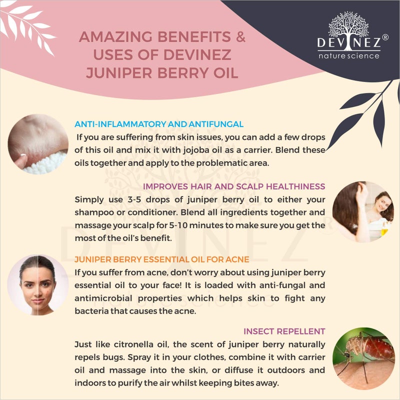 Devinez Juniper Berry Essential Oil 100ml - Pure, Natural, Undiluted & Therapeutic grade for Skin Care, Scars, Acne, Anti Aging, Natural Skin Toner, Natural Antiseptic, Improves Hair and Scalp health - Image 4