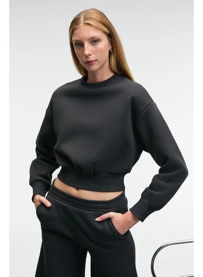 GRIMELANGE KARALIS Women's Cotton Bike Neck Crop Anthracite Sweatshirt.