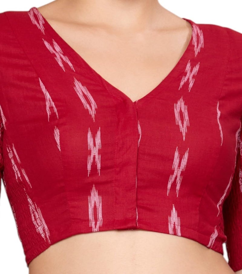 Studio Shringaar Women's Cotton Ikat Stretchable (Smocked) Readymade Saree Blouse(Maroon, 42) - Image 4