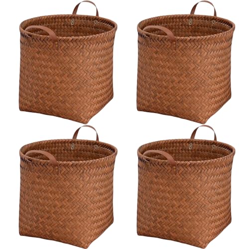 GIB cleaningtool GIB Wicker Storage Baskets for Shelves 11x12 Round Woven Storage Cube Bins Organizer Faux Rattan Wicker Blanket Basket for Organizing Clothes Toys Laundry Closet 4 Pack Brown - Image 1