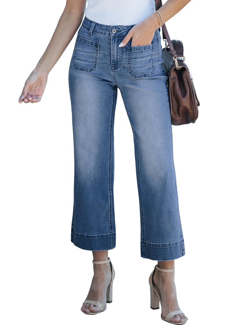 luvamia FleXclusive Wide Leg Jeans for Women Trendy High Waisted Flare Jeans Cropped Denim Pants Stretchy Baggy with Pockets High Waist True Black Size 12-14 - Image 1