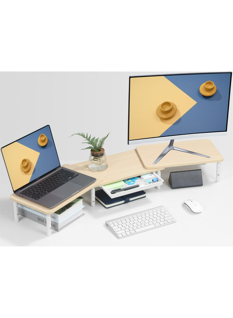 ETHU Dual Monitor Stand, Double Monitor Riser for PC Computer Laptop and Printer, Length and Angle Adjustable Desktop Stand Organizer with Phone Holder and Drawer, Universal Office Accessories, Beige - Image 1