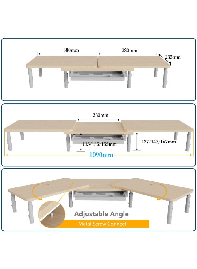 ETHU Dual Monitor Stand, Double Monitor Riser for PC Computer Laptop and Printer, Length and Angle Adjustable Desktop Stand Organizer with Phone Holder and Drawer, Universal Office Accessories, Beige - Image 2