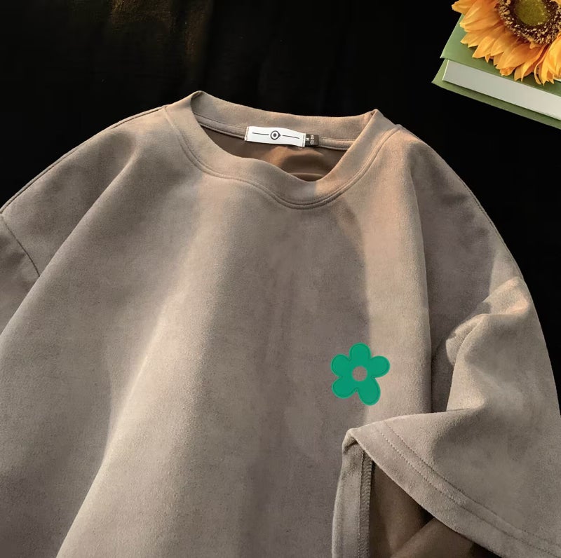 American-Style Retro Round Neck Short-Sleeved T-Shirt Men'S Summer Suede Heavy-Weight Hong Kong-Style Design Loose Couple'S Half-Sleeved Top T - Image 1