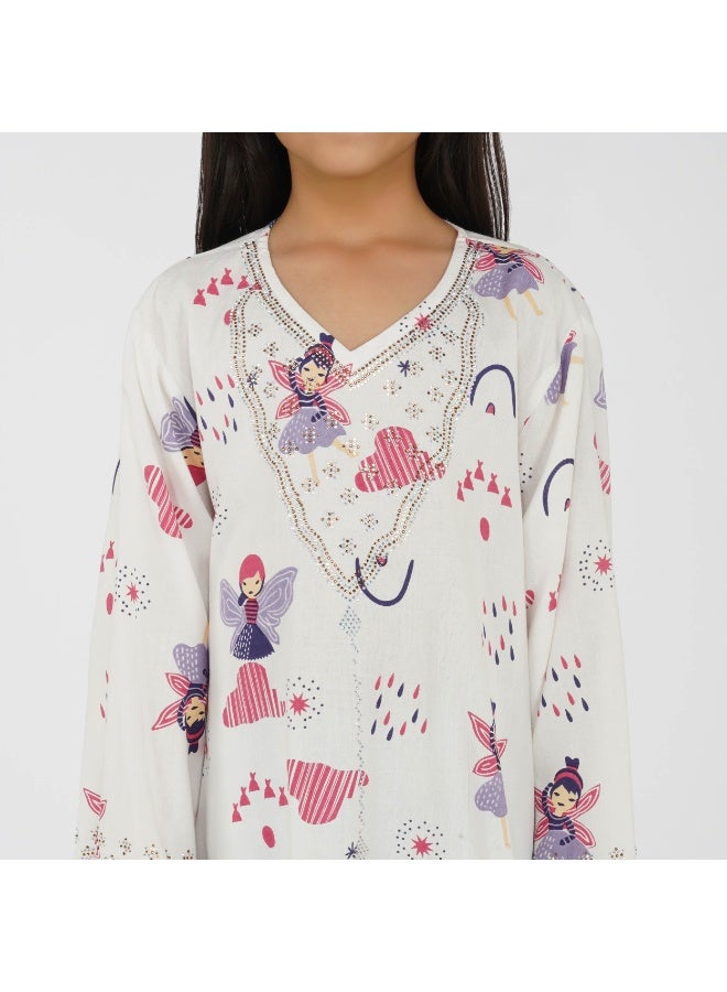 Linelle Fairy Magic Print Kids Jalabiya -  Maxi with V-Neck and Stone Embellishments - Image 4