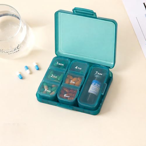 AccuPrints Sumiko Weekly Daily Pill Medicine Organizer Box | 7-Days Travel Medicine Case Pouch with Secure Flip Lids | Portable Vitamins & Tablets Storage for Daily Use Travel & Gifts (Dark Green) - Image 1