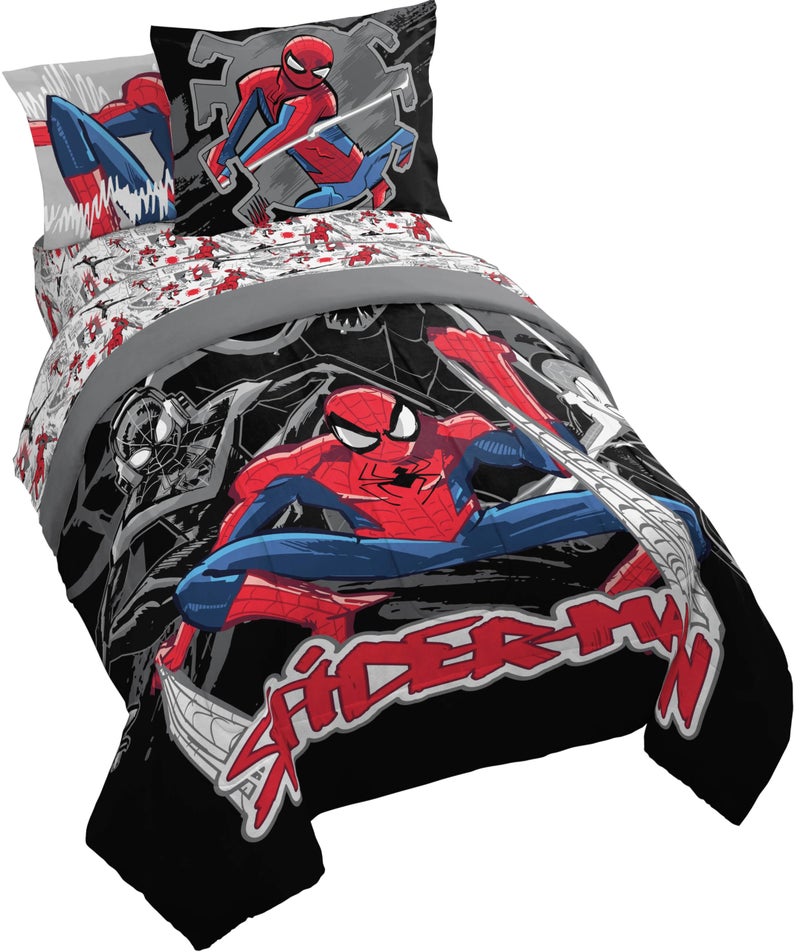 Jay Franco Kids Comforter Set Includes Sheets and Pillow Covers - Soft and Cozy Bed Set for Stylish Room Decor, Black - Spiderman, 5 Piece Twin Bedding - Image 1