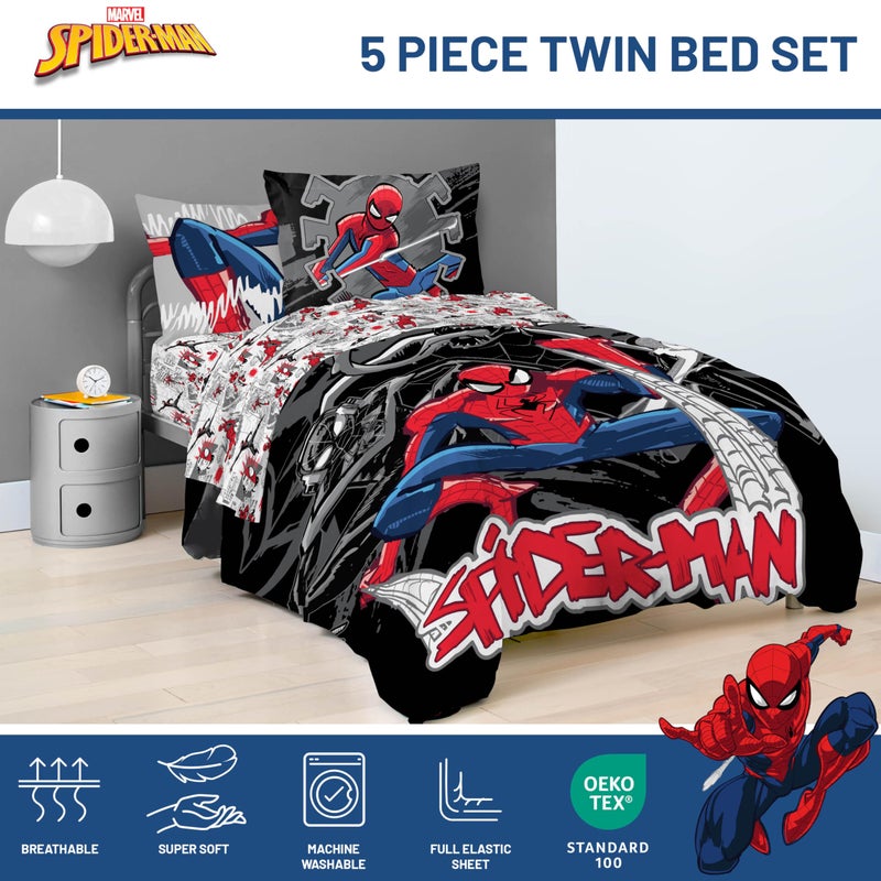 Jay Franco Kids Comforter Set Includes Sheets and Pillow Covers - Soft and Cozy Bed Set for Stylish Room Decor, Black - Spiderman, 5 Piece Twin Bedding - Image 4