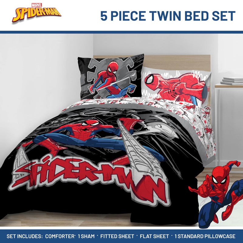 Jay Franco Kids Comforter Set Includes Sheets and Pillow Covers - Soft and Cozy Bed Set for Stylish Room Decor, Black - Spiderman, 5 Piece Twin Bedding - Image 2
