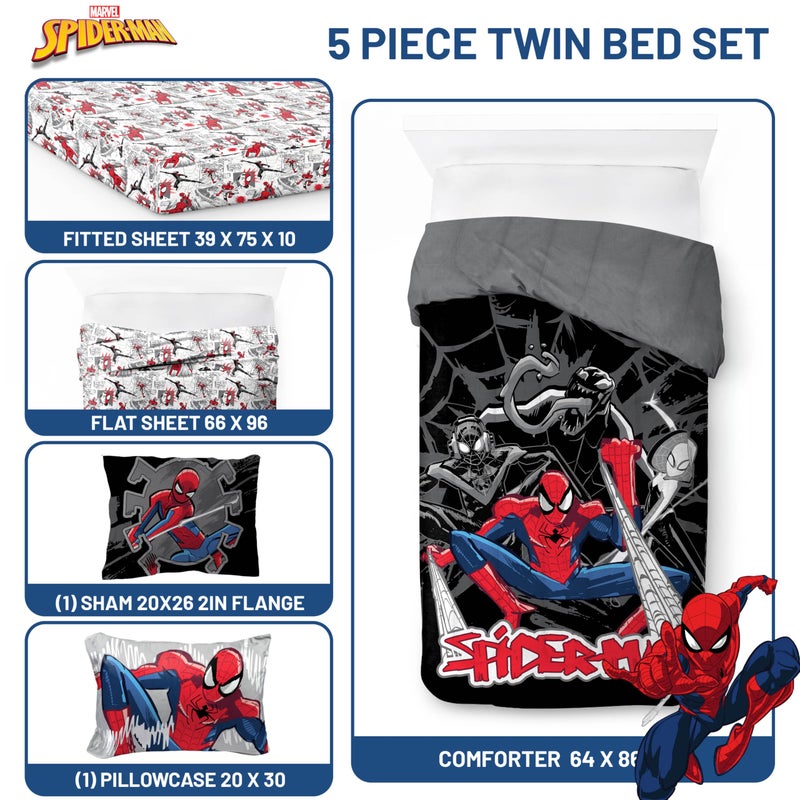 Jay Franco Kids Comforter Set Includes Sheets and Pillow Covers - Soft and Cozy Bed Set for Stylish Room Decor, Black - Spiderman, 5 Piece Twin Bedding - Image 3