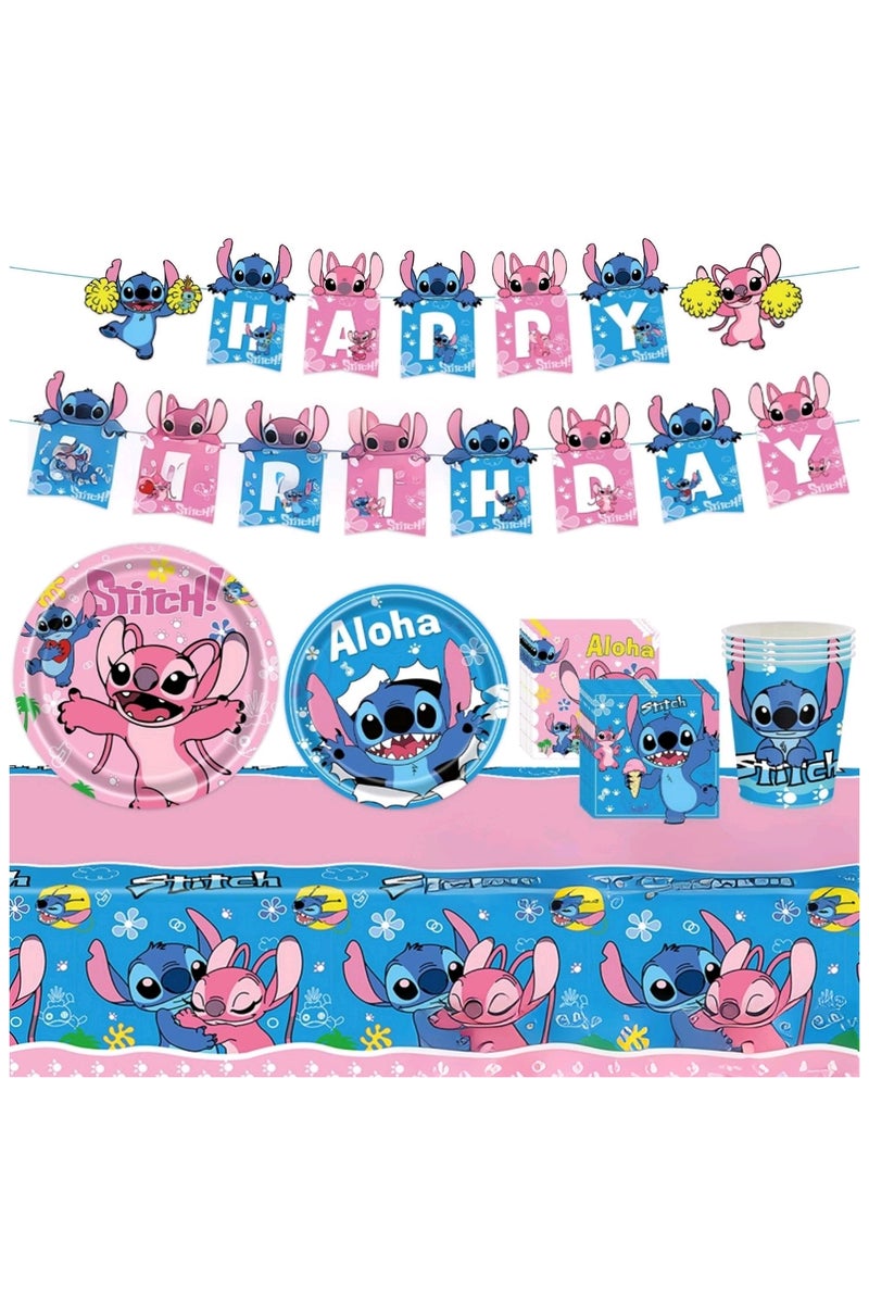 JAYATO 82 PCS for 10 Person Lilo & Stitch-themed Birthday Party Tableware decoration, including children's birthday paper plates, pull flags and tablecloths. - Image 1